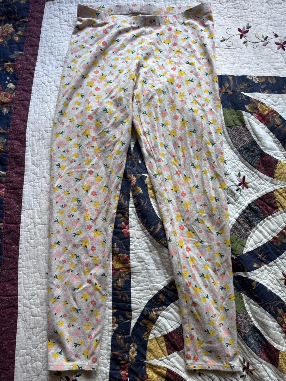 Girls Floral Stretch Leggings - Cream with Pink & Yellow Flowers